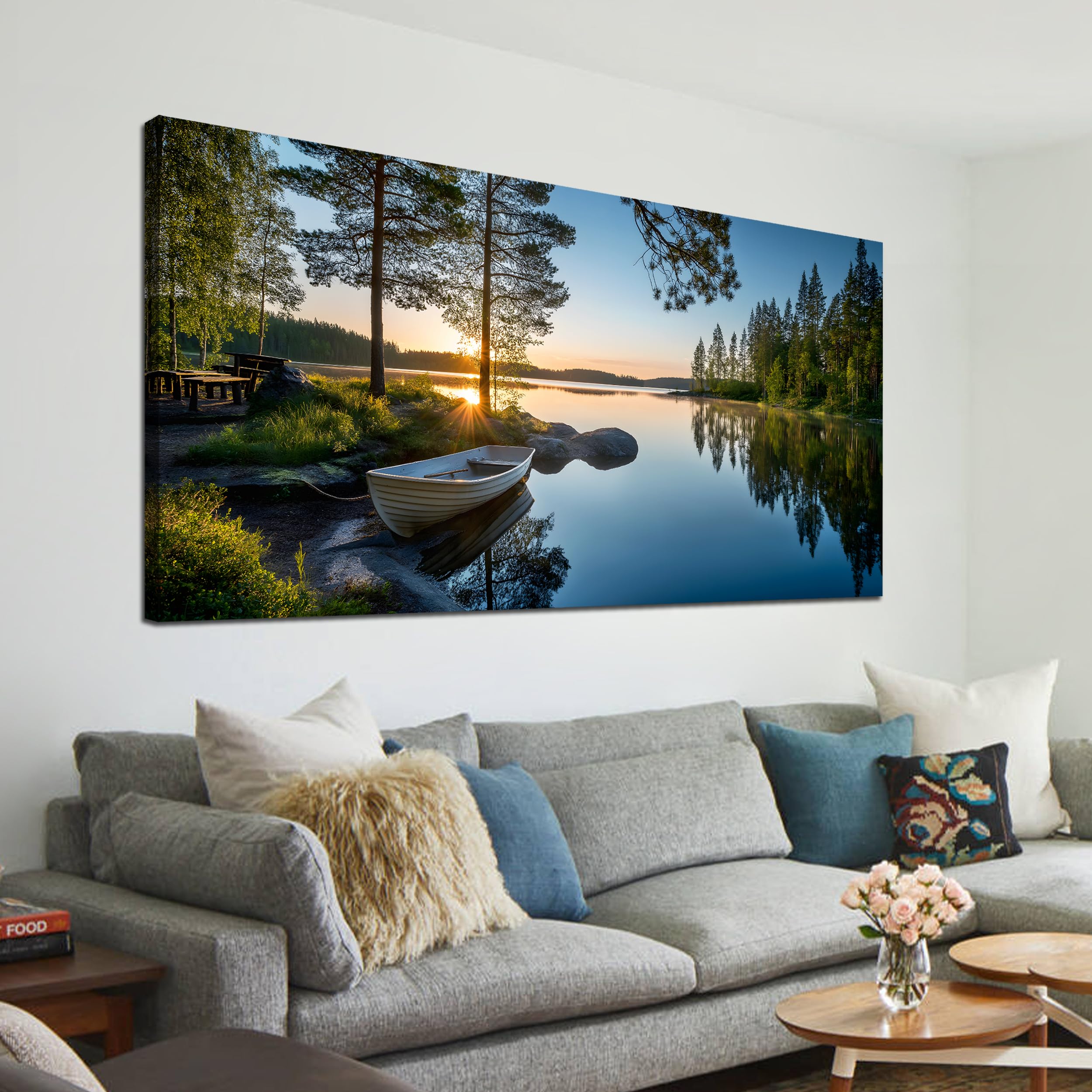SSNEEKNDG Large Green Landscape Canvas Wall Art for Living Room Forest Lake Sunset Canvas Prints Nature Scenery Artwork for Bedroom Office Home Decor Ready to Hang 20x40 Inch