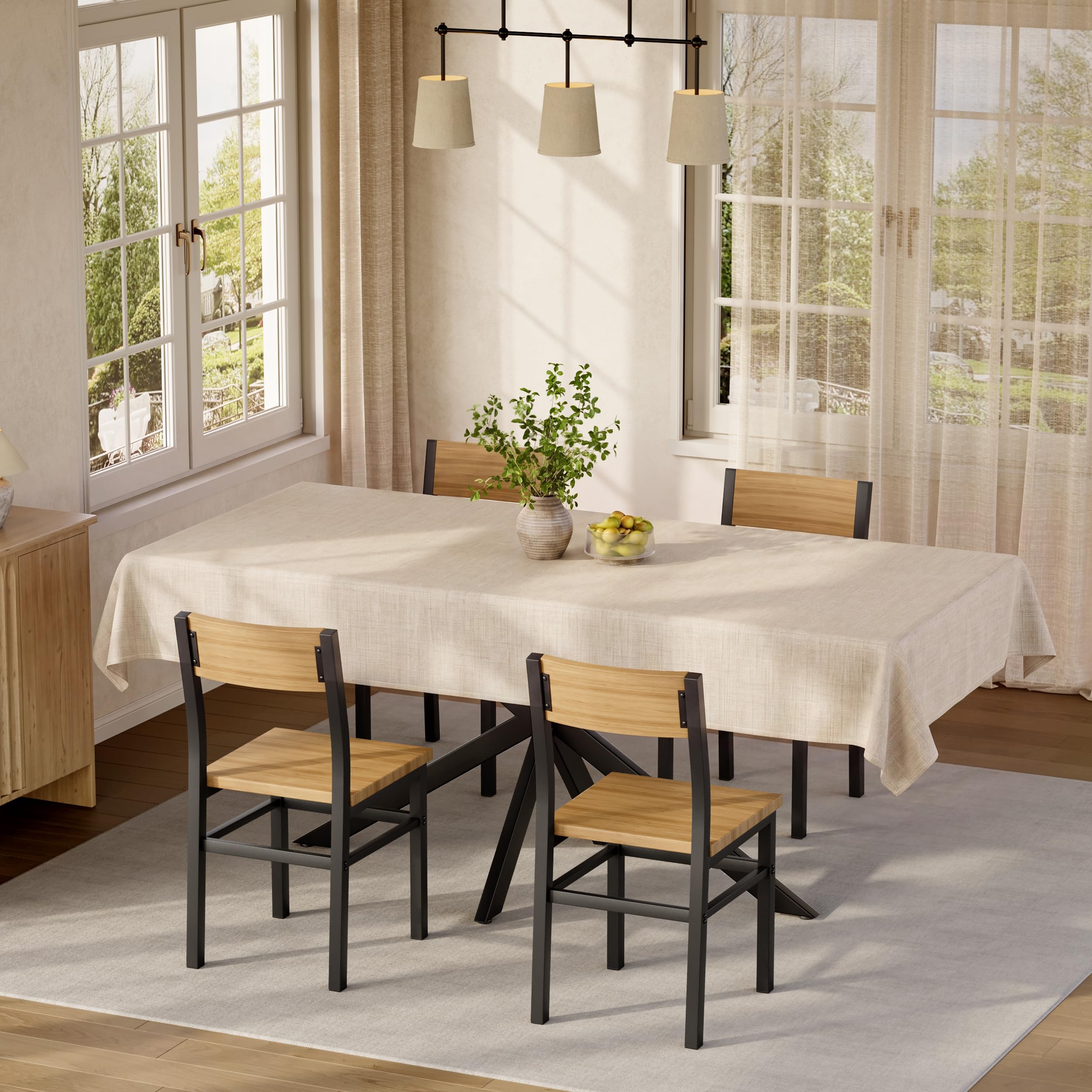 MECHYIN Dining Chairs Set of 4, Rustic Wood Dining Room Chairs with Thickened and Strengthened Metal Steel Frame & Slat Back, Modern Farmhouse Chair for Kitchen, Dining Room (4, Nut-Brown)