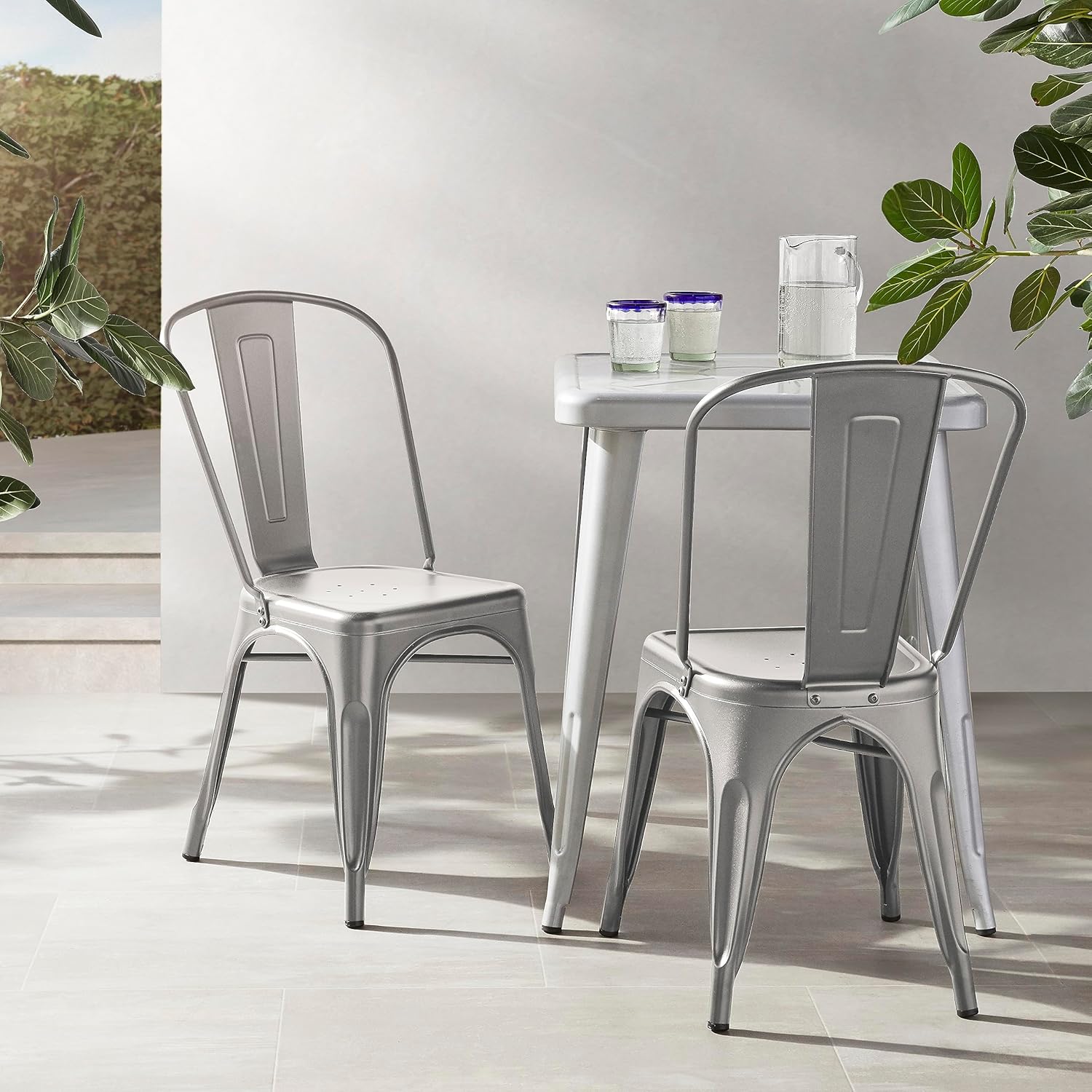 Amazon Basics Metal Dining Chairs, Easy to Assemble, Indoor/Outdoor, Stackable, 330-Pound Capacity, Dark Gray, 4-Pack, 20.1 x 17.1 x 33.5 inches