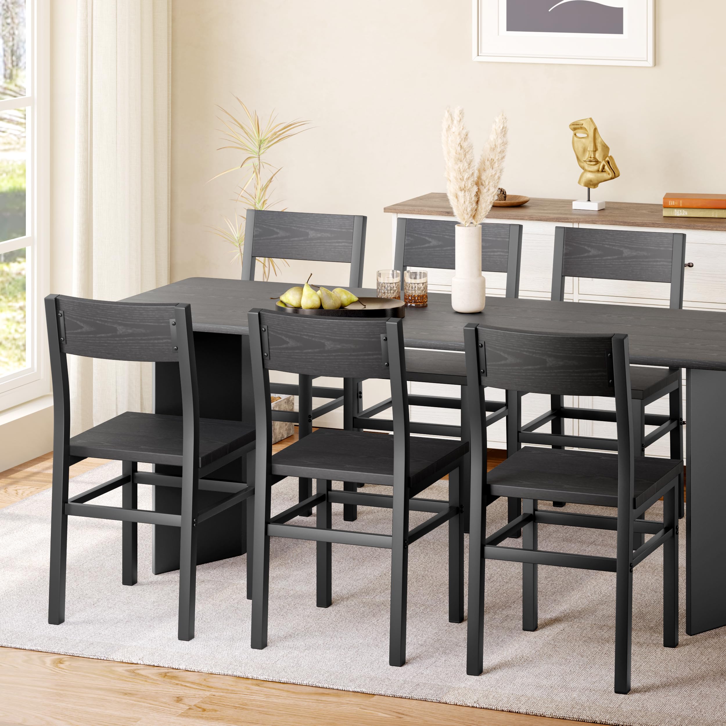 MECHYIN Dining Chairs Set of 4, Rustic Wood Dining Room Chairs with Thickened and Strengthened Metal Steel Frame & Slat Back, Modern Farmhouse Chair for Kitchen, Dining Room (4, Nut-Brown)