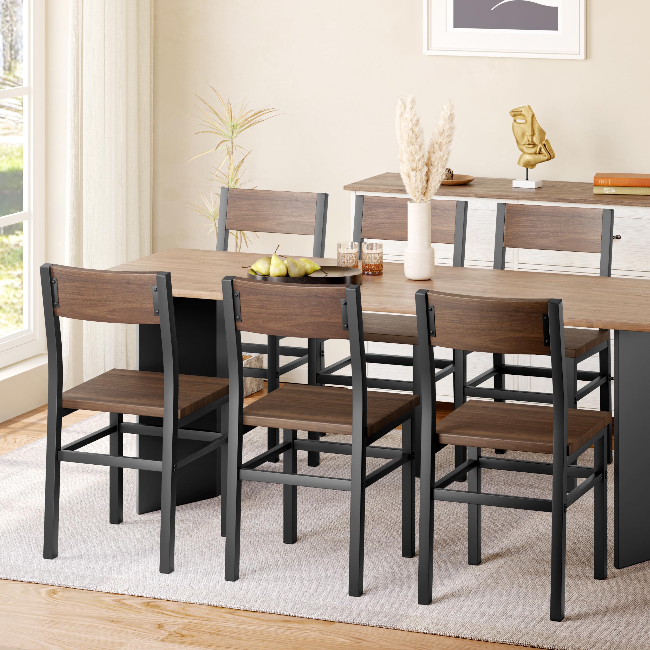 MECHYIN Dining Chairs Set of 4, Rustic Wood Dining Room Chairs with Thickened and Strengthened Metal Steel Frame & Slat Back, Modern Farmhouse Chair for Kitchen, Dining Room (4, Nut-Brown)
