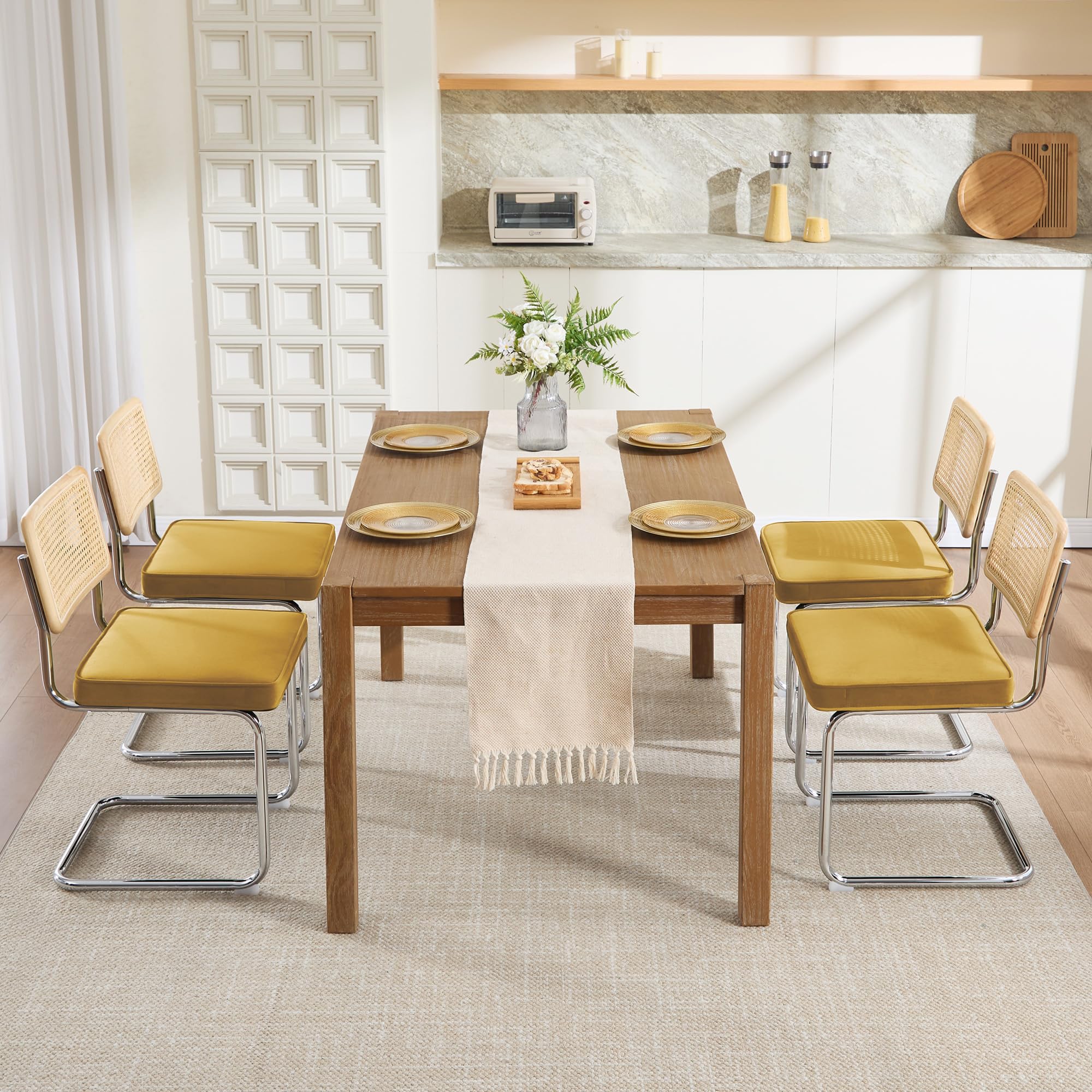 Zesthouse Natural Rattan Dining Chairs Set of 2, Olive Green Modern Kitchen Chairs with Solid Wood Back & Chrome Base, Mid Century Breuer Design Inspired, Upholstered Velvet Fabric