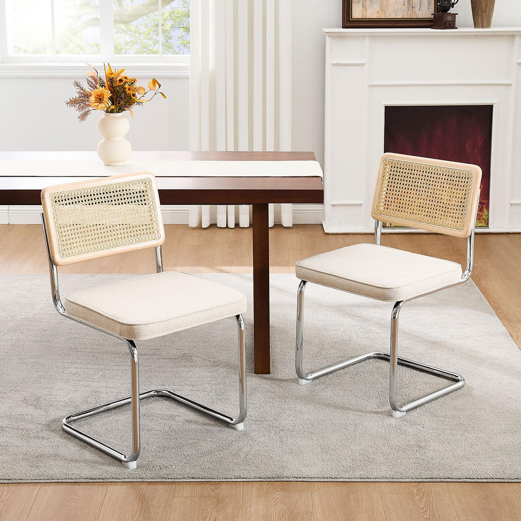 Zesthouse Natural Rattan Dining Chairs Set of 2, Olive Green Modern Kitchen Chairs with Solid Wood Back & Chrome Base, Mid Century Breuer Design Inspired, Upholstered Velvet Fabric