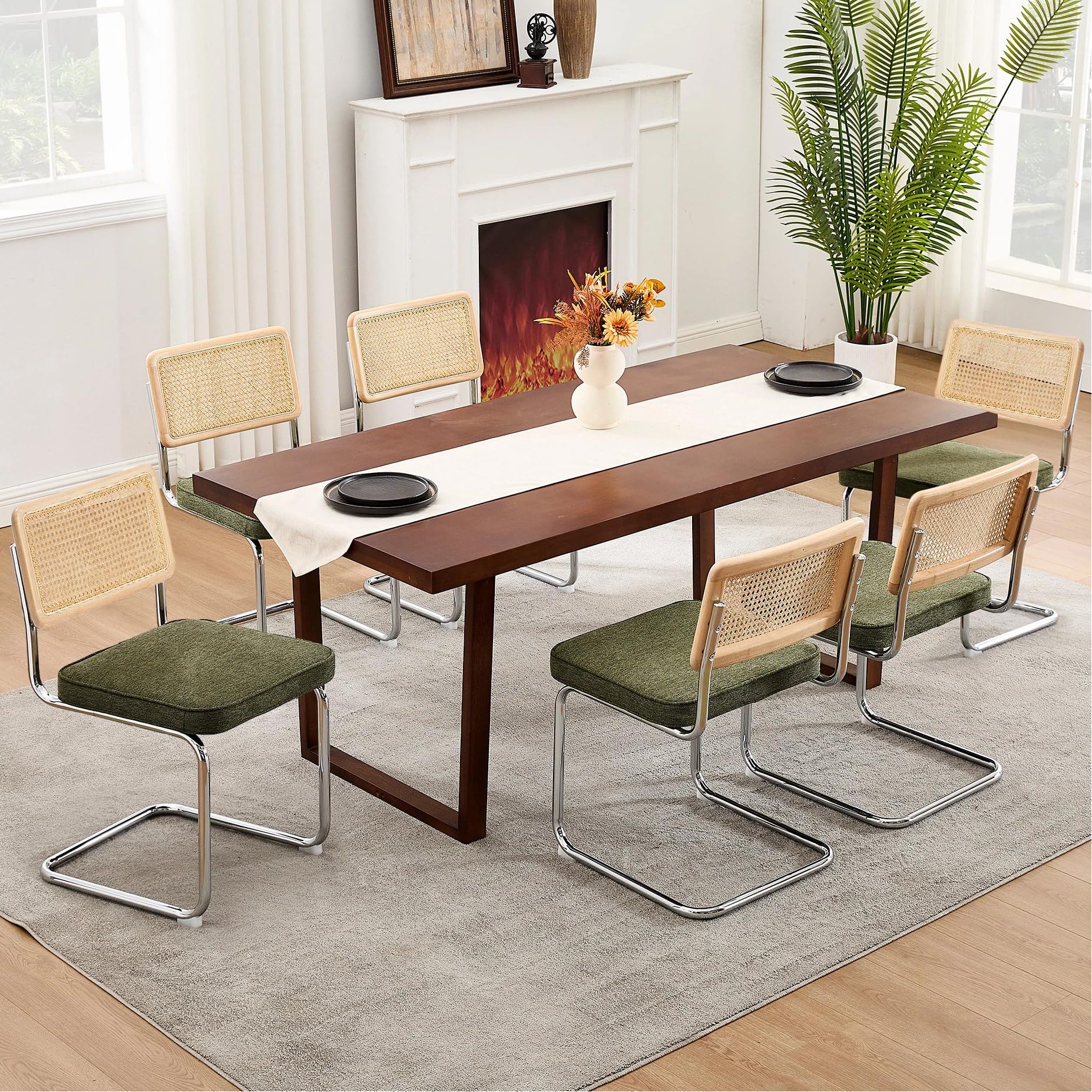 Zesthouse Natural Rattan Dining Chairs Set of 2, Olive Green Modern Kitchen Chairs with Solid Wood Back & Chrome Base, Mid Century Breuer Design Inspired, Upholstered Velvet Fabric
