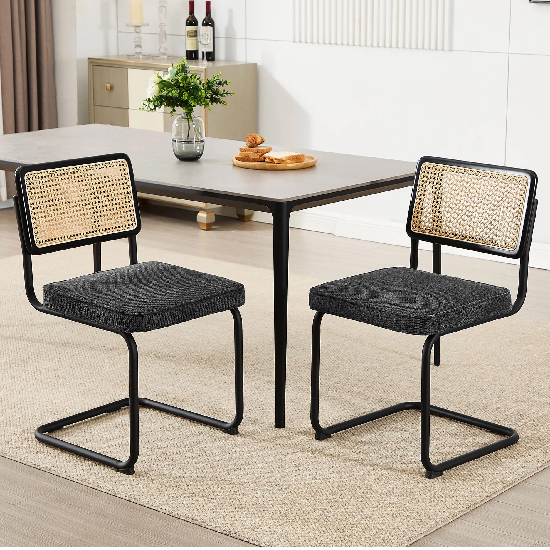 Zesthouse Natural Rattan Dining Chairs Set of 2, Olive Green Modern Kitchen Chairs with Solid Wood Back & Chrome Base, Mid Century Breuer Design Inspired, Upholstered Velvet Fabric