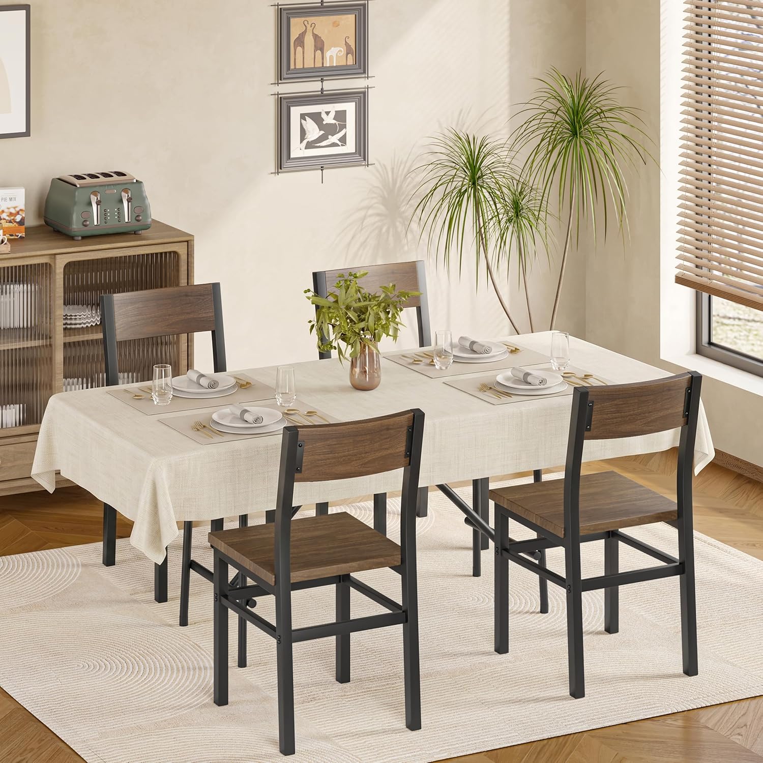 MECHYIN Dining Chairs Set of 4, Rustic Wood Dining Room Chairs with Thickened and Strengthened Metal Steel Frame & Slat Back, Modern Farmhouse Chair for Kitchen, Dining Room (4, Nut-Brown)