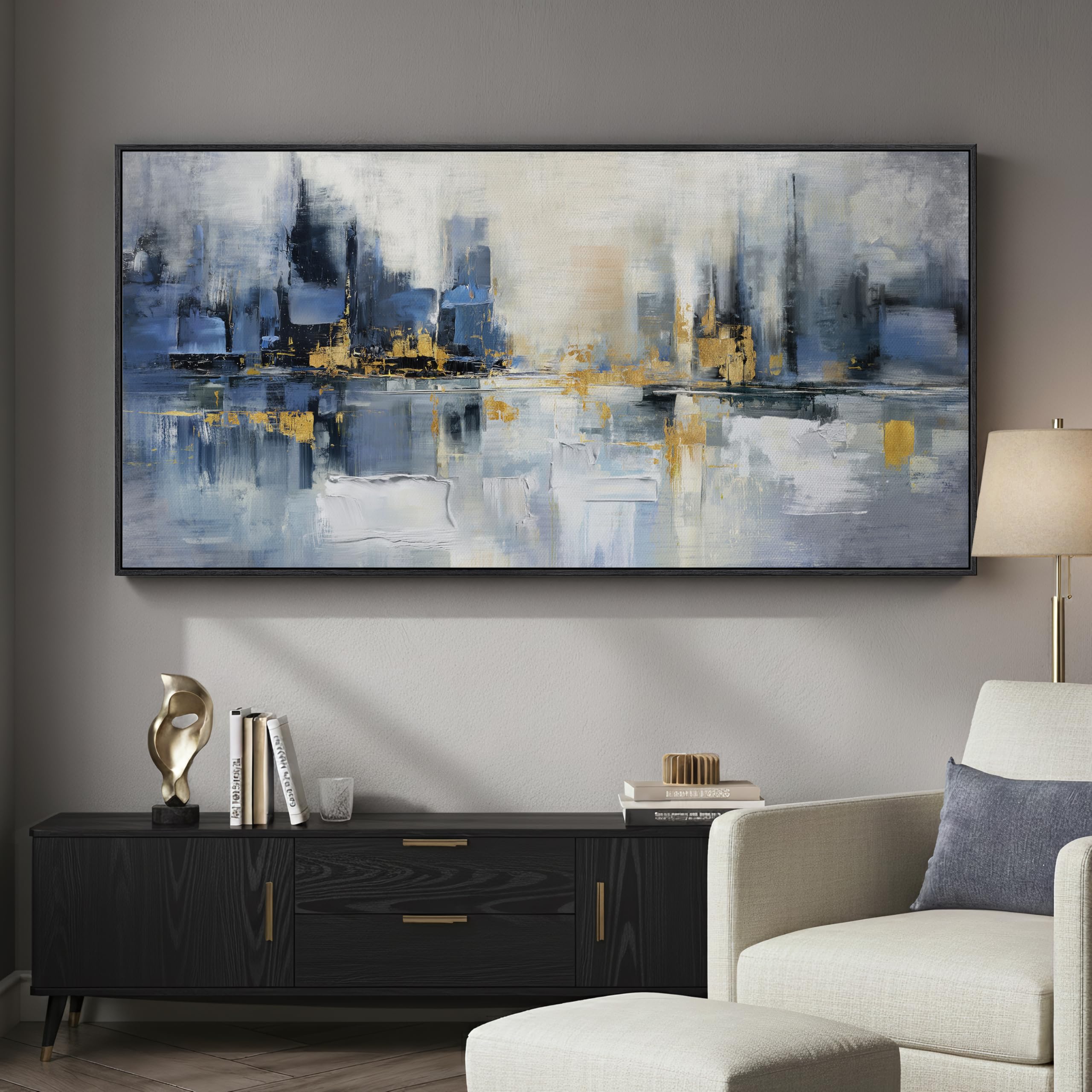 Framed Abstract Landscape Wall Art for Living Room, Extra Large Brown Misty Lake Trees Canvas Artwork for Walls, Horizontal Minimalist Wabi Sabi Painting Print for Bedroom Office Wall Decor, 30x60 In