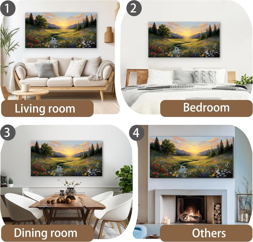 Tarfupth Large Green Landscape Canvas Wall Art for Living Room Sunset Mountain Wildflowers Canvas Prints Nature Scenery Artwork for Bedroom Office Home Decor 20"x40"