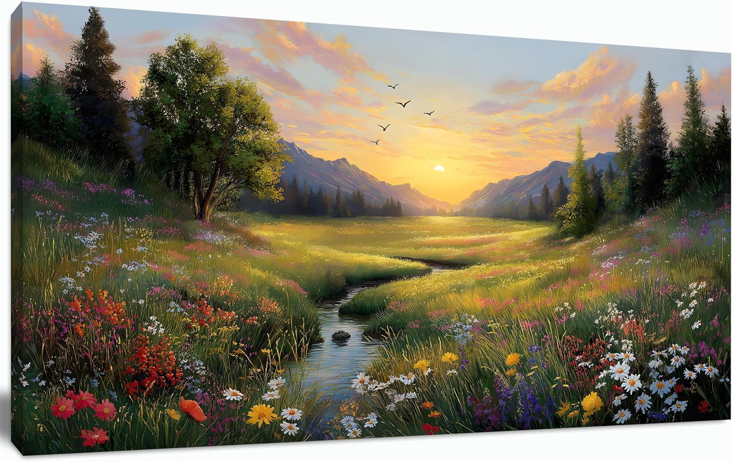 Tarfupth Large Green Landscape Canvas Wall Art for Living Room Sunset Mountain Wildflowers Canvas Prints Nature Scenery Artwork for Bedroom Office Home Decor 20"x40"
