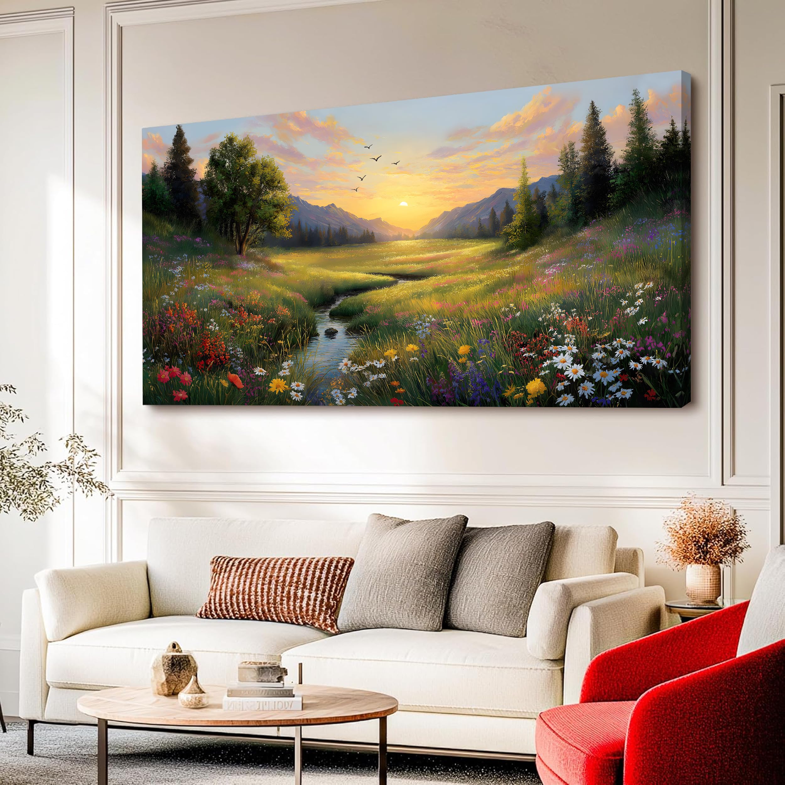 Tarfupth Large Green Landscape Canvas Wall Art for Living Room Sunset Mountain Wildflowers Canvas Prints Nature Scenery Artwork for Bedroom Office Home Decor 20"x40"