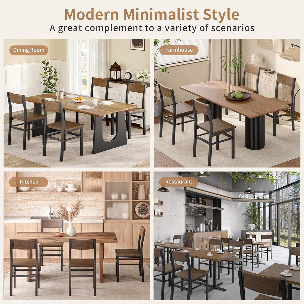 MECHYIN Dining Chairs Set of 4, Rustic Wood Dining Room Chairs with Thickened and Strengthened Metal Steel Frame & Slat Back, Modern Farmhouse Chair for Kitchen, Dining Room (4, Nut-Brown)